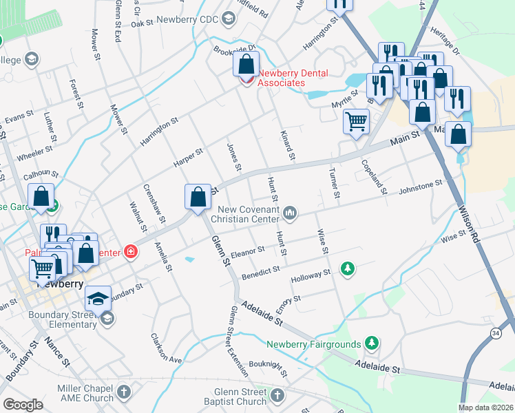 map of restaurants, bars, coffee shops, grocery stores, and more near 2203 Johnstone Street in Newberry