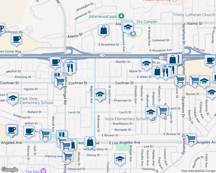 map of restaurants, bars, coffee shops, grocery stores, and more near 2385 North Justin Avenue in Simi Valley