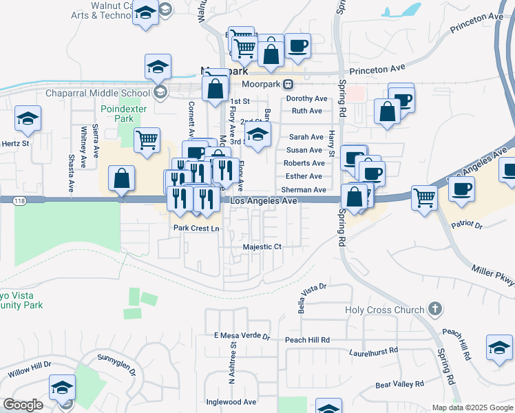 map of restaurants, bars, coffee shops, grocery stores, and more near 13182 Westcott Court in Moorpark