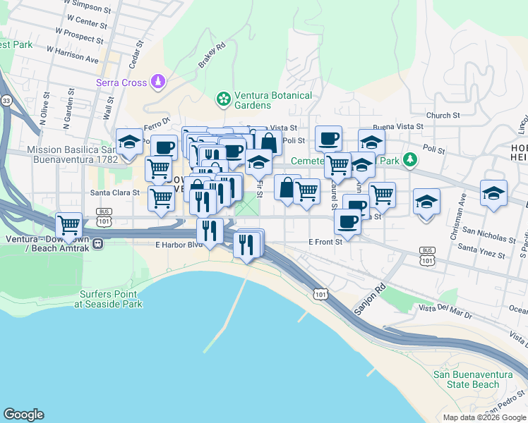 map of restaurants, bars, coffee shops, grocery stores, and more near 670 East Thompson Boulevard in Ventura