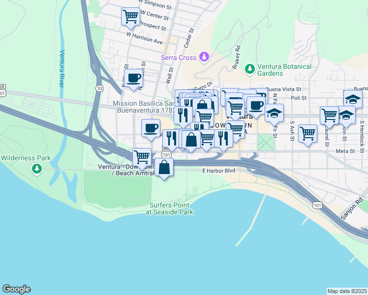 map of restaurants, bars, coffee shops, grocery stores, and more near 186 East Thompson Boulevard in Ventura