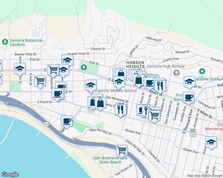 map of restaurants, bars, coffee shops, grocery stores, and more near 1563 Santa Barbara Street in Ventura