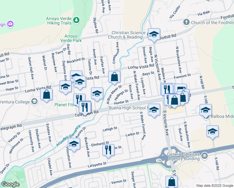 map of restaurants, bars, coffee shops, grocery stores, and more near 5447 Hollings Street in Ventura
