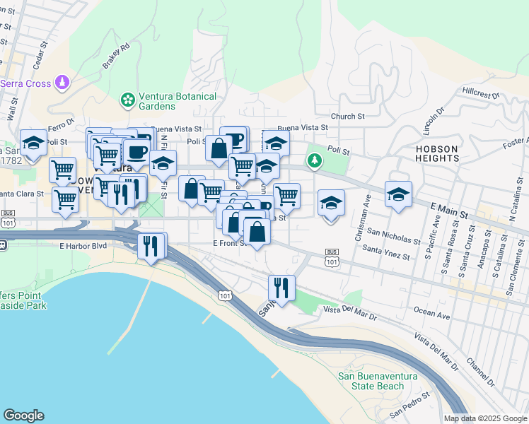 map of restaurants, bars, coffee shops, grocery stores, and more near 163 South Ann Street in Ventura