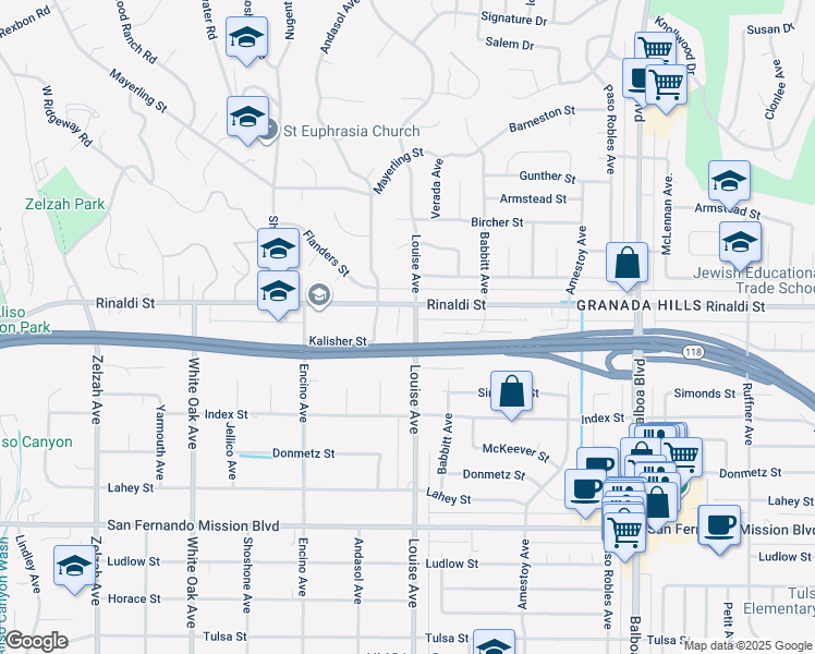 map of restaurants, bars, coffee shops, grocery stores, and more near 11441 Louise Avenue in Los Angeles