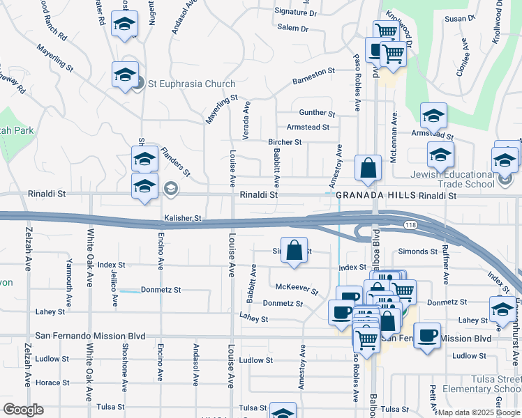map of restaurants, bars, coffee shops, grocery stores, and more near 17256 Kalisher Street in Los Angeles