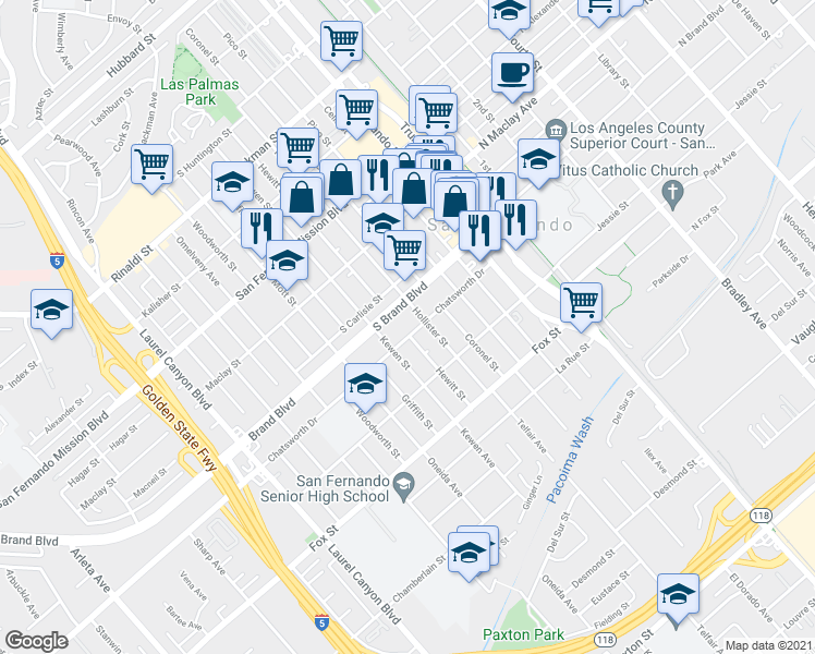 map of restaurants, bars, coffee shops, grocery stores, and more near 569 Chatsworth Drive in San Fernando