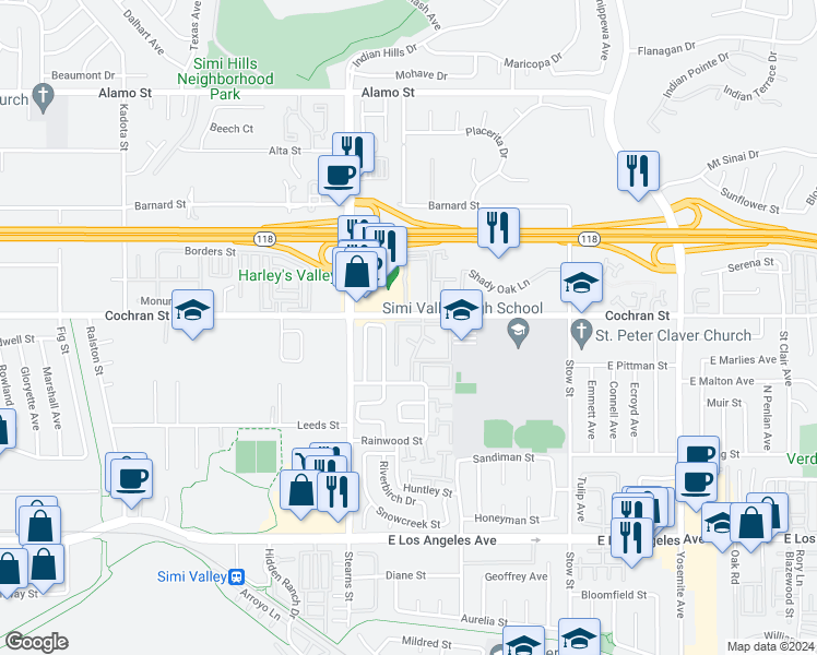 map of restaurants, bars, coffee shops, grocery stores, and more near 2343 Archwood Lane in Simi Valley
