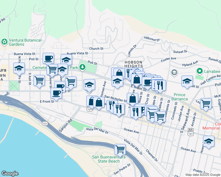 map of restaurants, bars, coffee shops, grocery stores, and more near 1560 Santa Barbara Street in Ventura