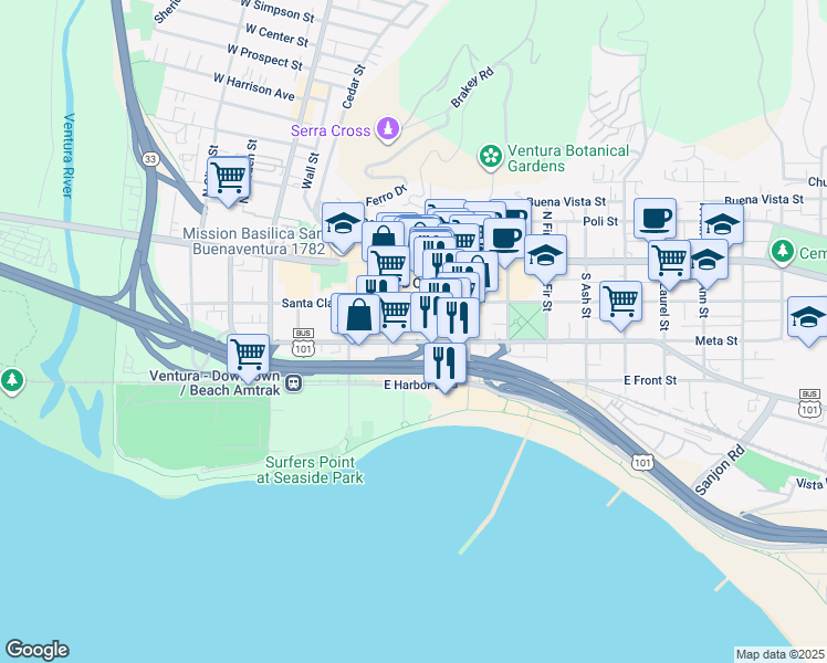 map of restaurants, bars, coffee shops, grocery stores, and more near 350 East Thompson Boulevard in Ventura