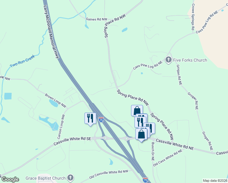 map of restaurants, bars, coffee shops, grocery stores, and more near 120 Cass Pine Log Road Northeast in Cartersville