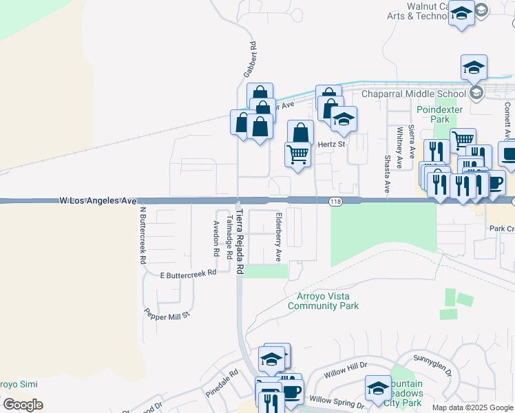map of restaurants, bars, coffee shops, grocery stores, and more near 11833 Nightingale Street in Moorpark
