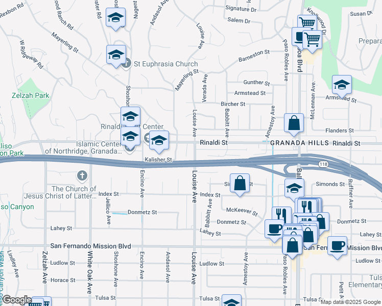 map of restaurants, bars, coffee shops, grocery stores, and more near 11441 Louise Avenue in Los Angeles