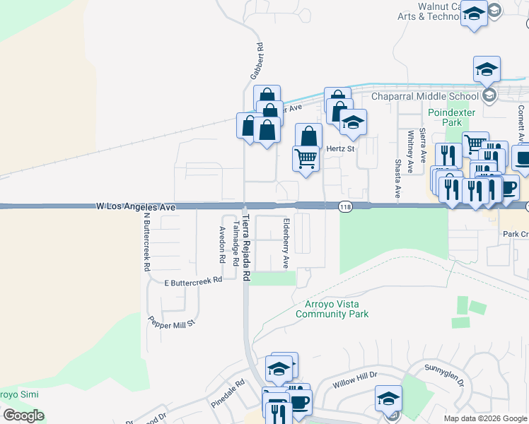 map of restaurants, bars, coffee shops, grocery stores, and more near 11833 Nightingale Street in Moorpark
