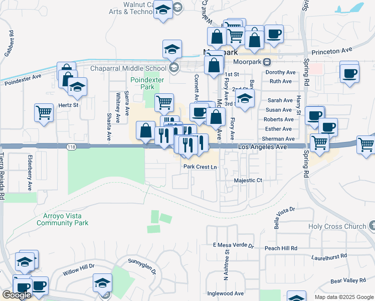map of restaurants, bars, coffee shops, grocery stores, and more near 75 Park Lane in Moorpark