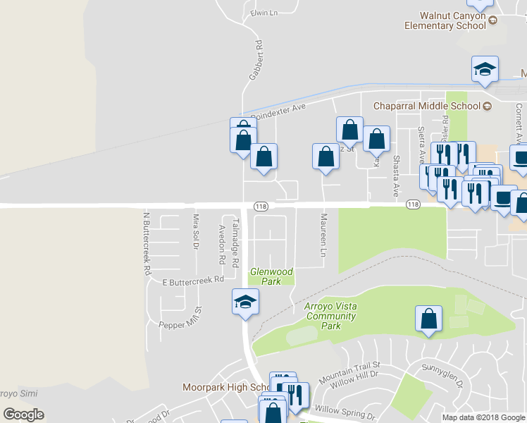 map of restaurants, bars, coffee shops, grocery stores, and more near 11833 Nightingale Street in Moorpark