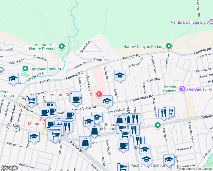 map of restaurants, bars, coffee shops, grocery stores, and more near 273 Agnus Drive in Ventura