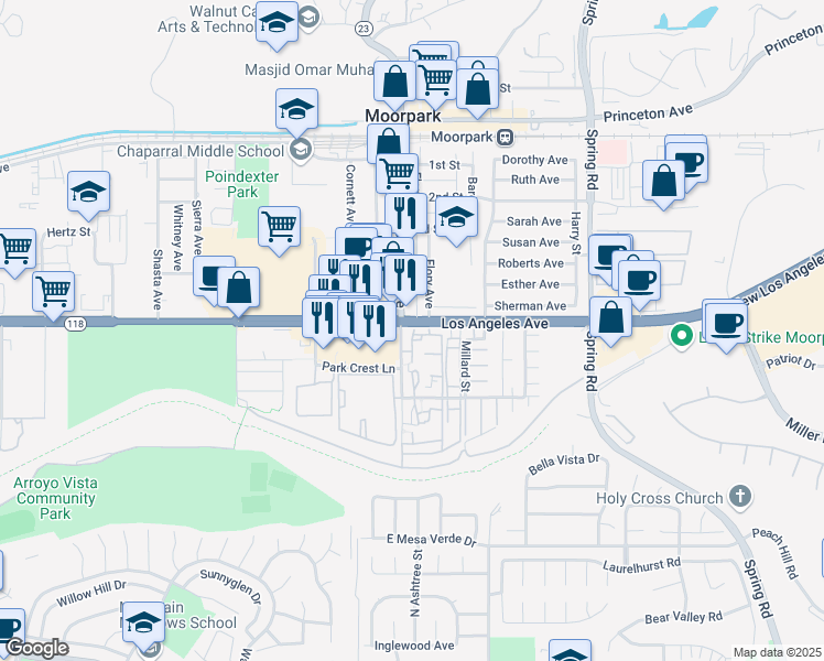 map of restaurants, bars, coffee shops, grocery stores, and more near 100 South Moorpark Avenue in Moorpark