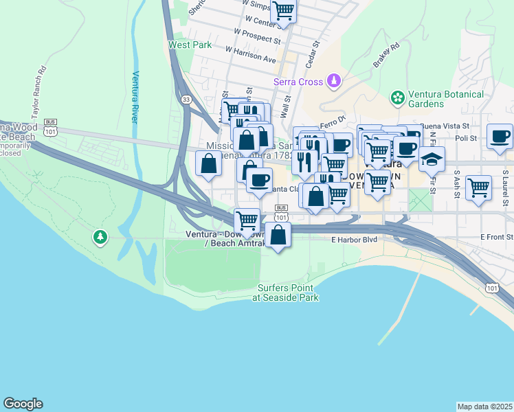 map of restaurants, bars, coffee shops, grocery stores, and more near 176 South Ventura Avenue in Ventura