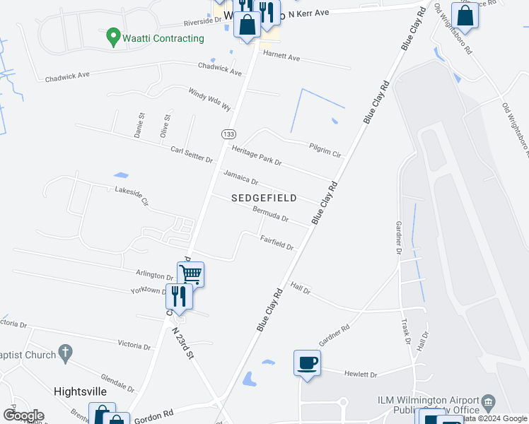 map of restaurants, bars, coffee shops, grocery stores, and more near 198 Bermuda Drive in Wilmington