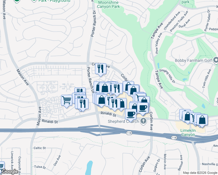 map of restaurants, bars, coffee shops, grocery stores, and more near 11440 Oakford Lane in Los Angeles