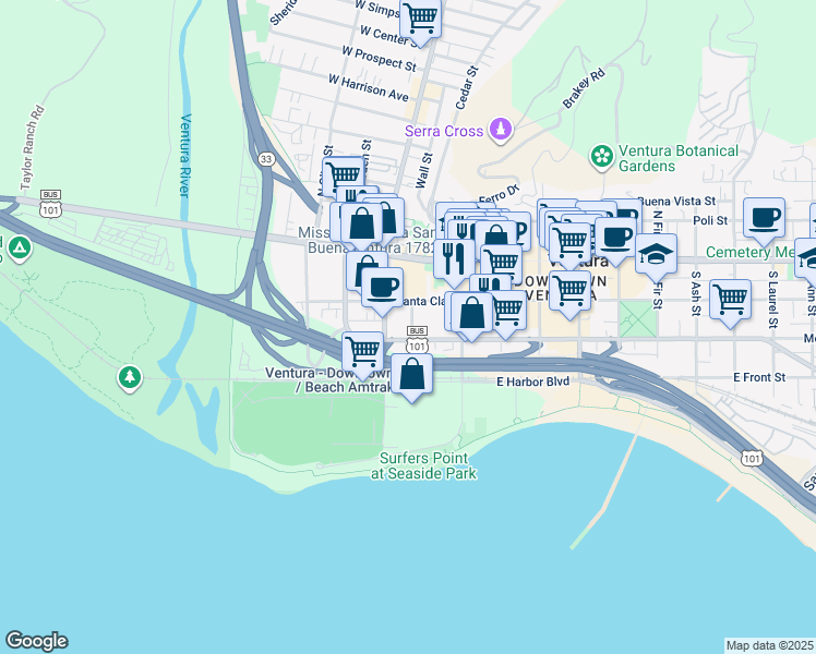 map of restaurants, bars, coffee shops, grocery stores, and more near 160 South Ventura Avenue in Ventura