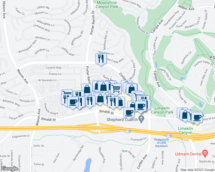 map of restaurants, bars, coffee shops, grocery stores, and more near 11452 Oakford Lane in Los Angeles