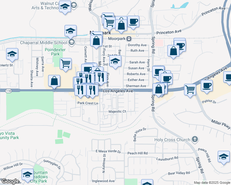 map of restaurants, bars, coffee shops, grocery stores, and more near 150 Los Angeles Avenue in Moorpark
