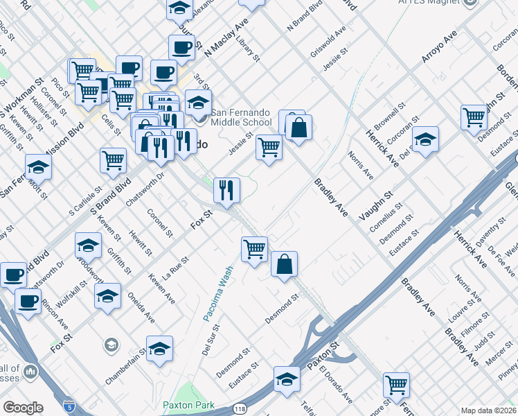 map of restaurants, bars, coffee shops, grocery stores, and more near 500-530 Robert F Kennedy Dr in San Fernando