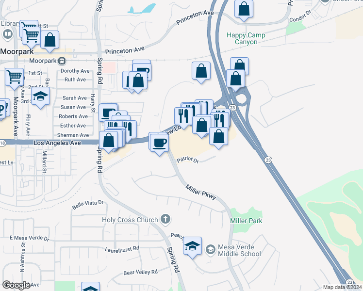 map of restaurants, bars, coffee shops, grocery stores, and more near 800 New Los Angeles Avenue in Moorpark