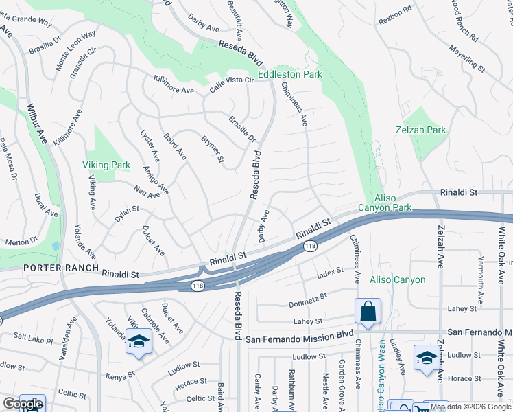 map of restaurants, bars, coffee shops, grocery stores, and more near 11400 Darby Avenue in Los Angeles