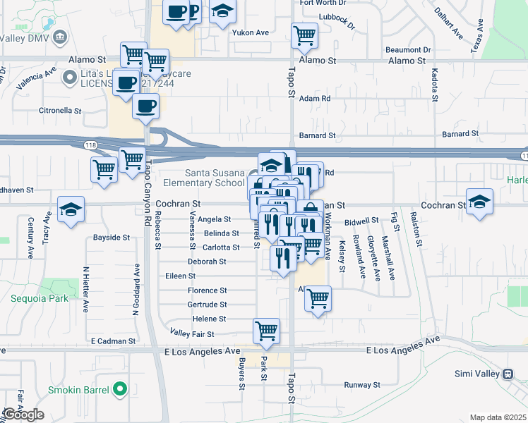 map of restaurants, bars, coffee shops, grocery stores, and more near 2381 Tapo Street in Simi Valley