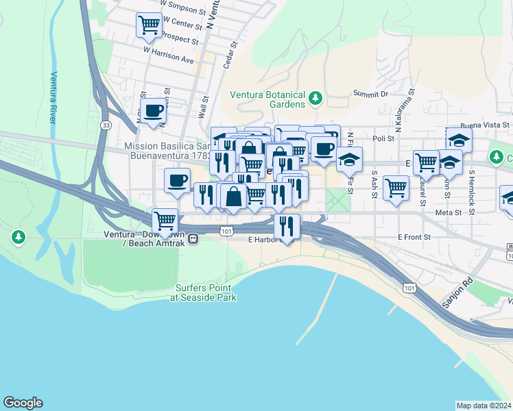 map of restaurants, bars, coffee shops, grocery stores, and more near 168 South Palm Street in Ventura