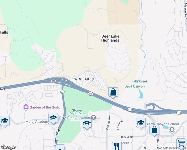 map of restaurants, bars, coffee shops, grocery stores, and more near Mayan Drive in Los Angeles
