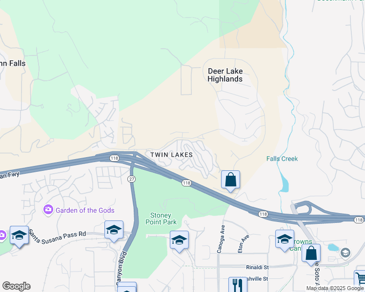 map of restaurants, bars, coffee shops, grocery stores, and more near 21651 Wahoo Trail in Los Angeles County