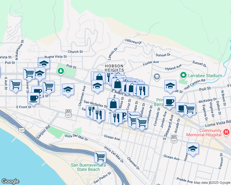 map of restaurants, bars, coffee shops, grocery stores, and more near 70 Hurst Avenue in Ventura