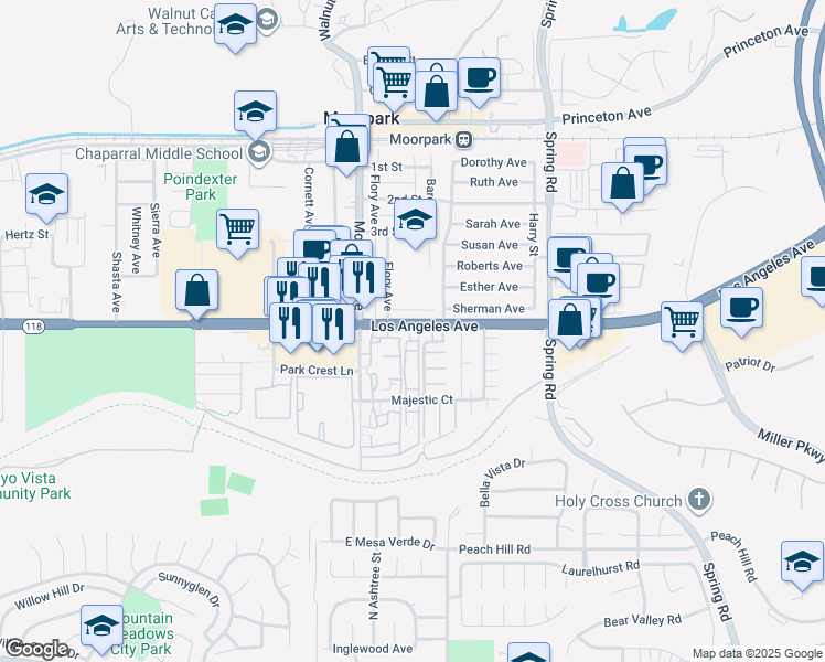 map of restaurants, bars, coffee shops, grocery stores, and more near 150 Los Angeles Avenue in Moorpark