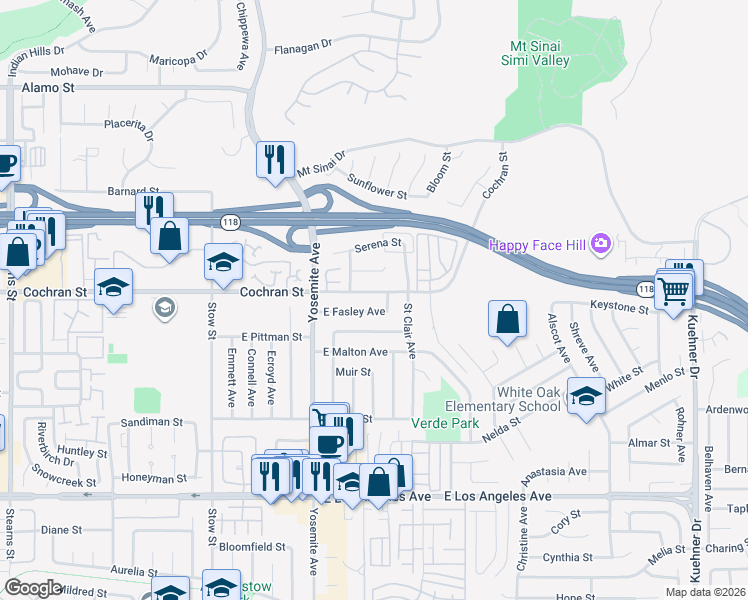 map of restaurants, bars, coffee shops, grocery stores, and more near 5944 East Fasley Avenue in Simi Valley