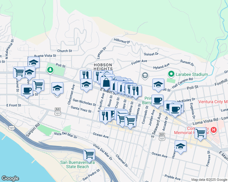 map of restaurants, bars, coffee shops, grocery stores, and more near 47 South Santa Rosa Street in Ventura