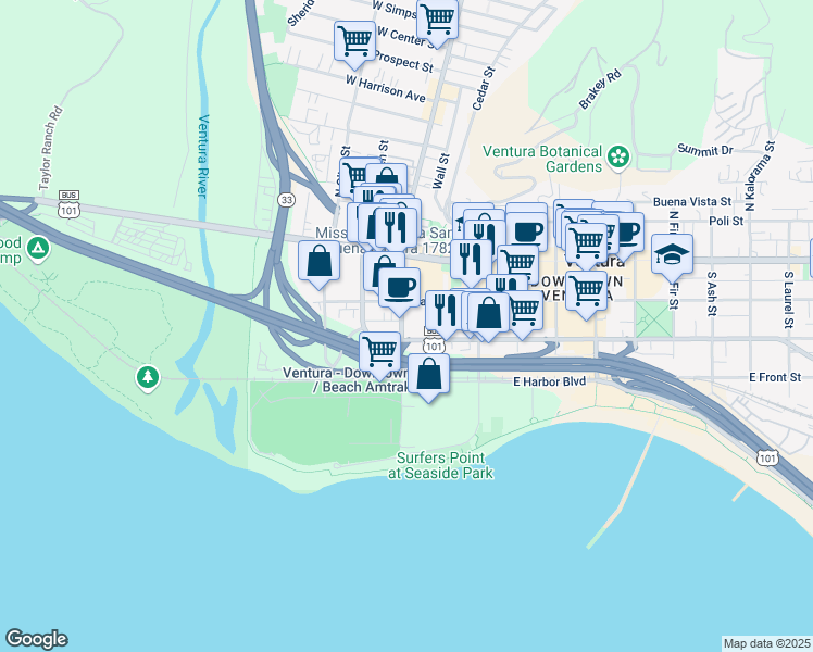 map of restaurants, bars, coffee shops, grocery stores, and more near 160 South Ventura Avenue in Ventura