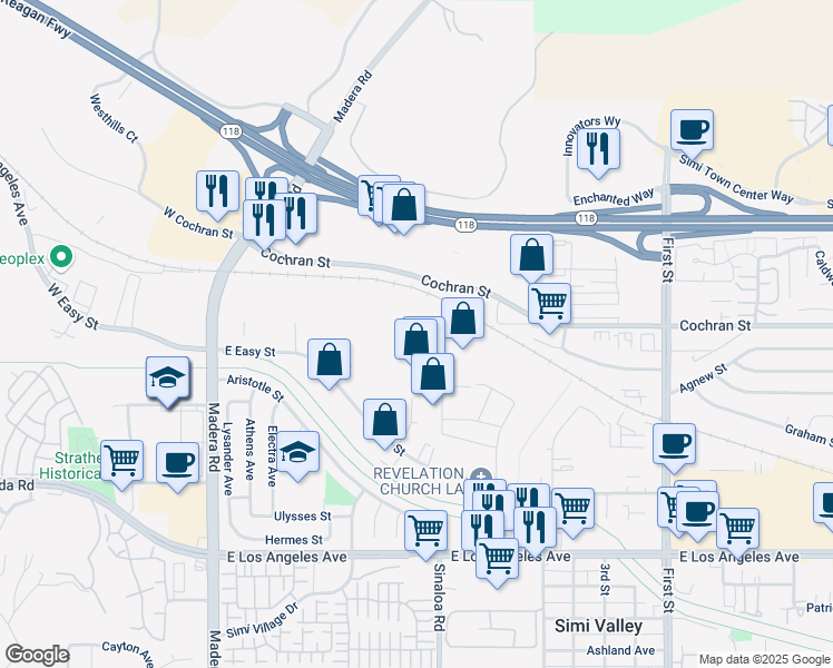 map of restaurants, bars, coffee shops, grocery stores, and more near 2380 Shasta Way in Simi Valley