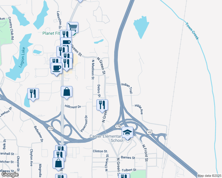 map of restaurants, bars, coffee shops, grocery stores, and more near 508-514 Linden Hill Street in Tupelo