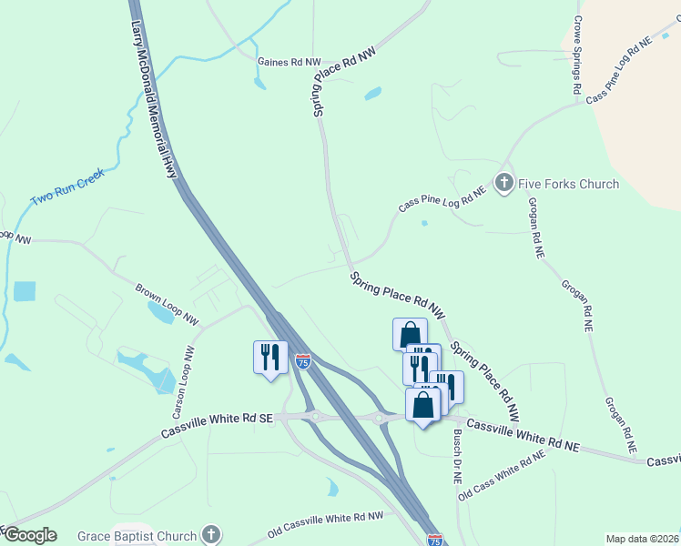 map of restaurants, bars, coffee shops, grocery stores, and more near 120 Cass Pine Log Road Northeast in Cartersville