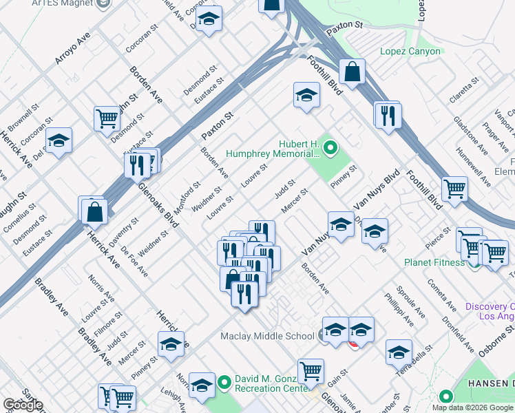 map of restaurants, bars, coffee shops, grocery stores, and more near 12755 Judd Street in Los Angeles