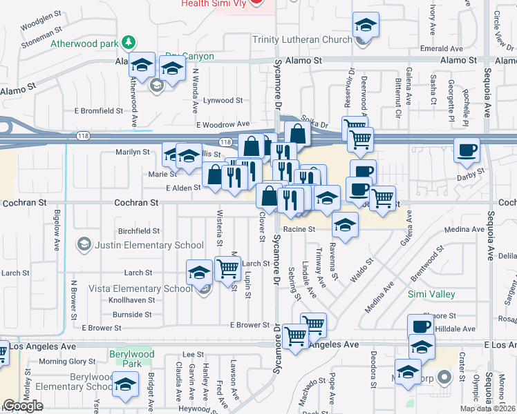 map of restaurants, bars, coffee shops, grocery stores, and more near in Simi Valley