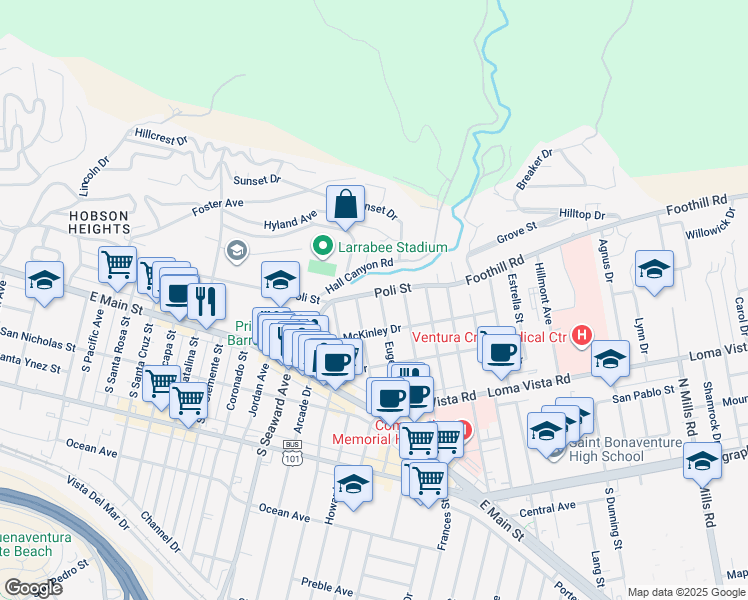 map of restaurants, bars, coffee shops, grocery stores, and more near 2542 Poli Street in Ventura