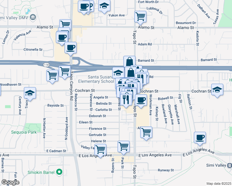 map of restaurants, bars, coffee shops, grocery stores, and more near 4300 Apricot Road in Simi Valley
