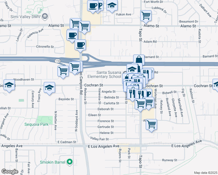 map of restaurants, bars, coffee shops, grocery stores, and more near in Simi Valley
