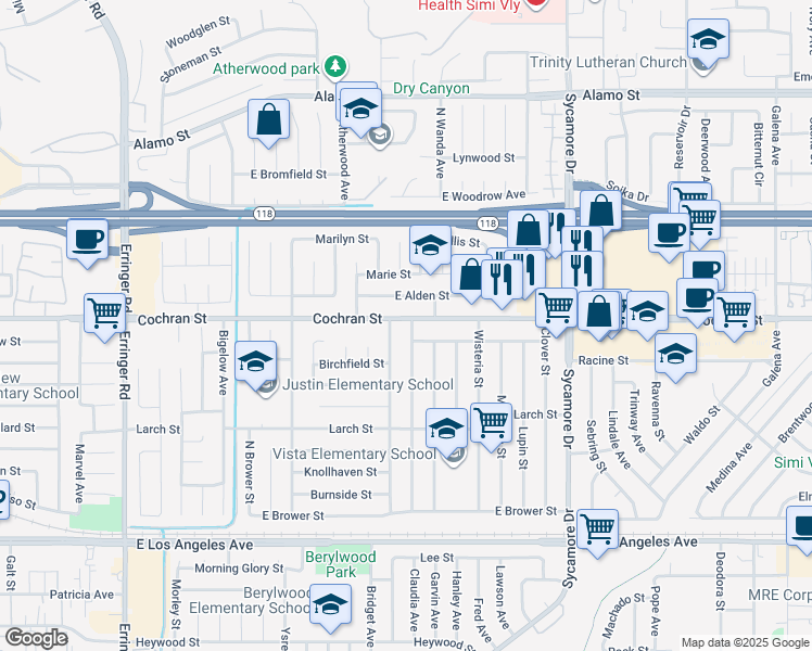 map of restaurants, bars, coffee shops, grocery stores, and more near 2380 East Alden Street in Simi Valley
