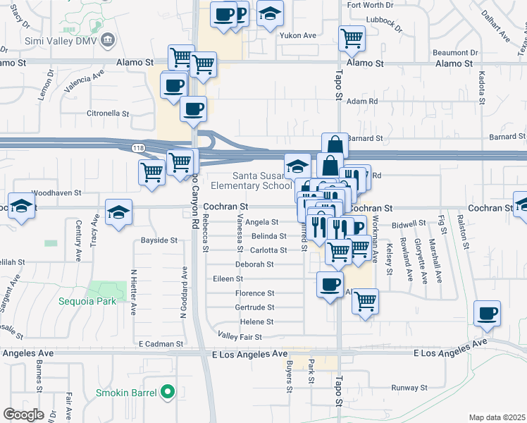 map of restaurants, bars, coffee shops, grocery stores, and more near in Simi Valley